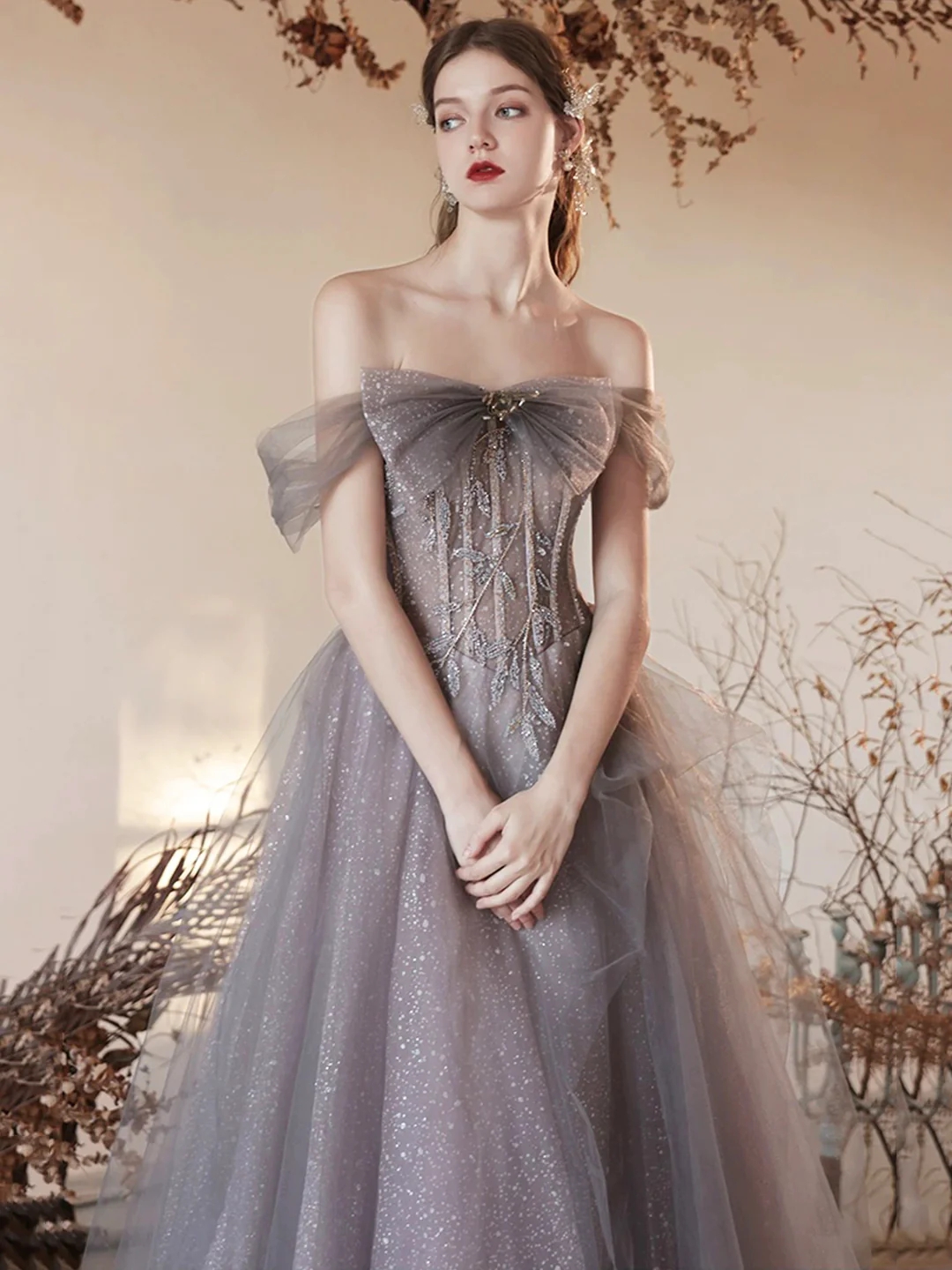 One-Shoulder Glitter Tulle Gown with Lace-Up Back Wisteria