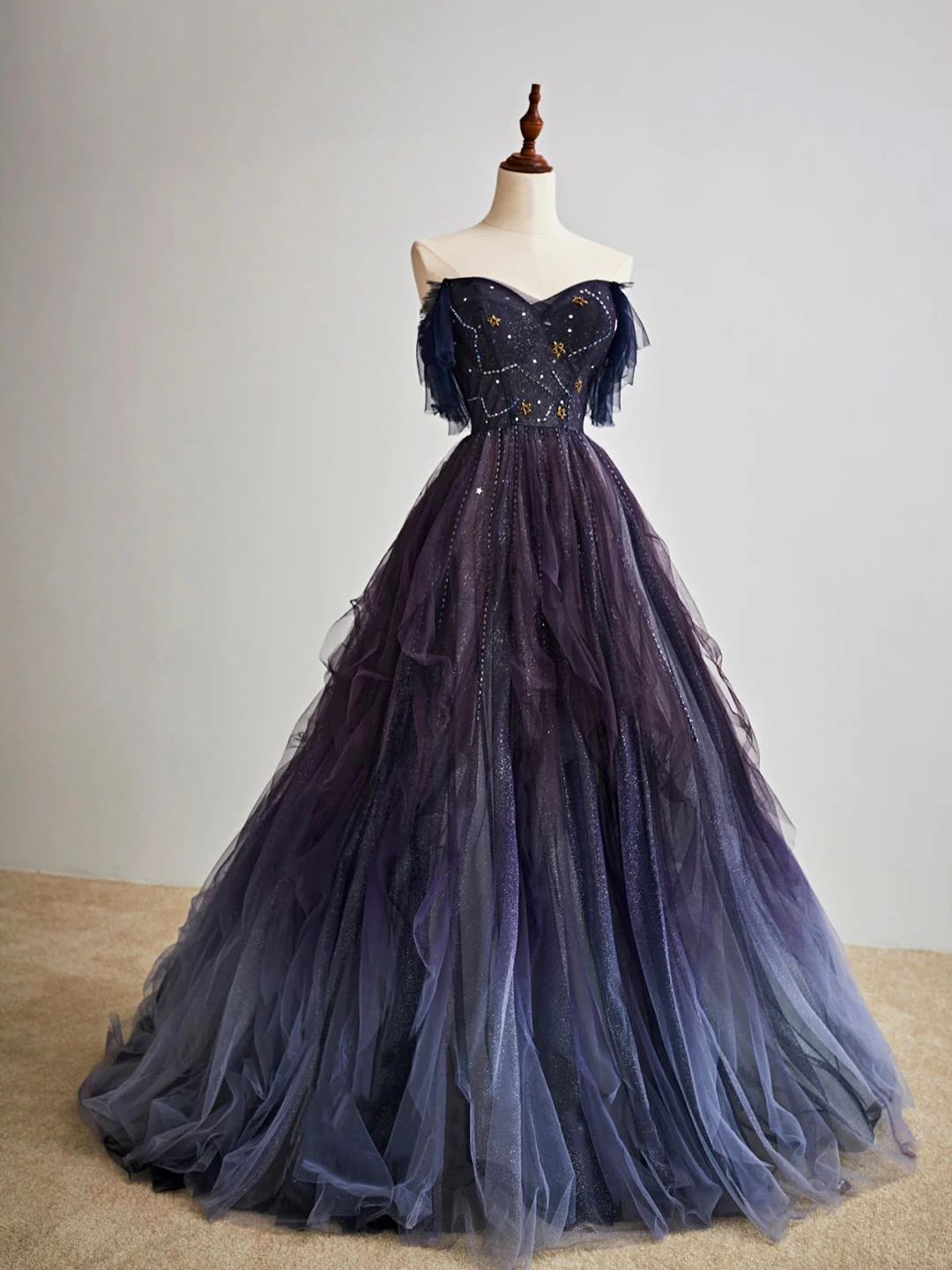Purple Gradient A-Line Beaded Tulle Long Formal Prom Dress, Floor Length Purple Evening Dress main image 0