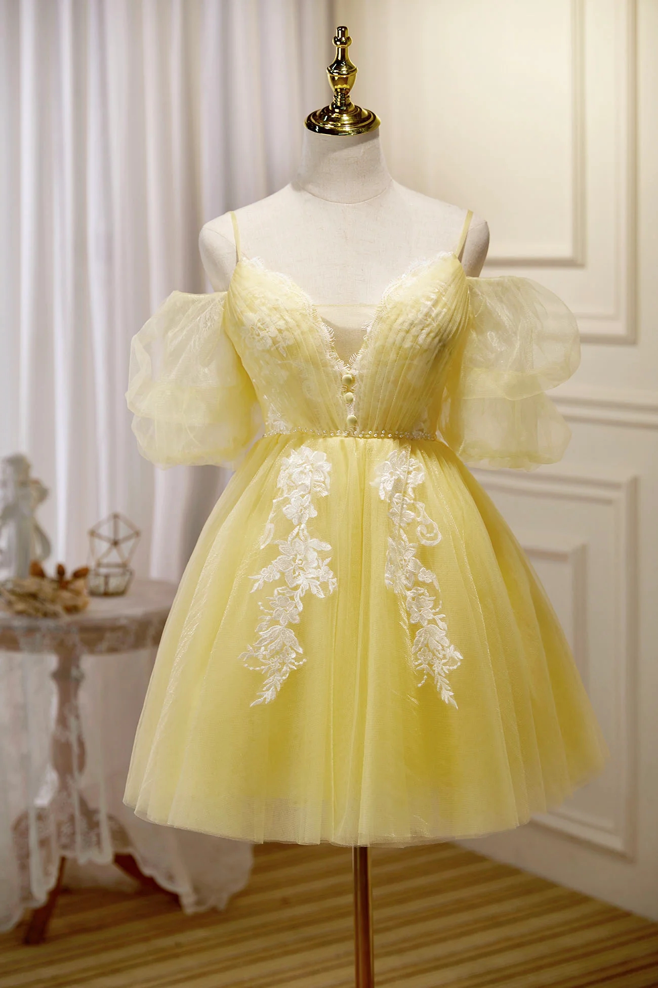 Off The Shoulder White Prom Party Dress Yellow Lace Evening Dress
