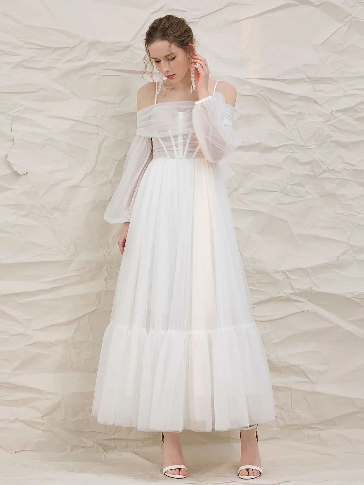White Bodycon Ruffled Off the Shoulder Sequined Tea Length Formal Dress with Tassels
