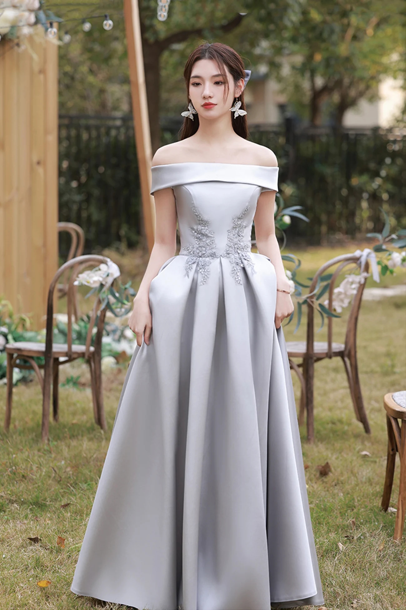 Long A-line Off the Shoulder Satin Lace Formal Graduation Prom Dresses main image 1