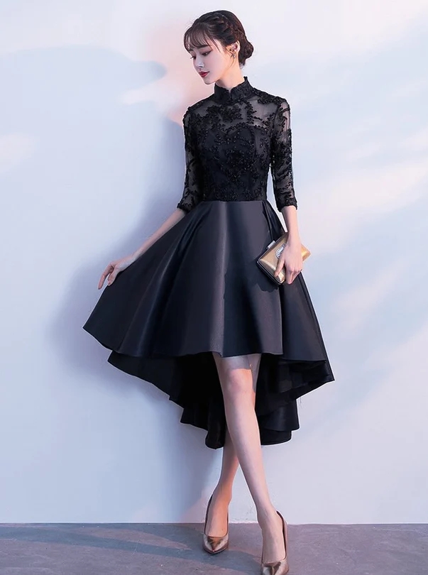 Black Applique Satin Lace Prom Dress With Lace Up Back,AST1616