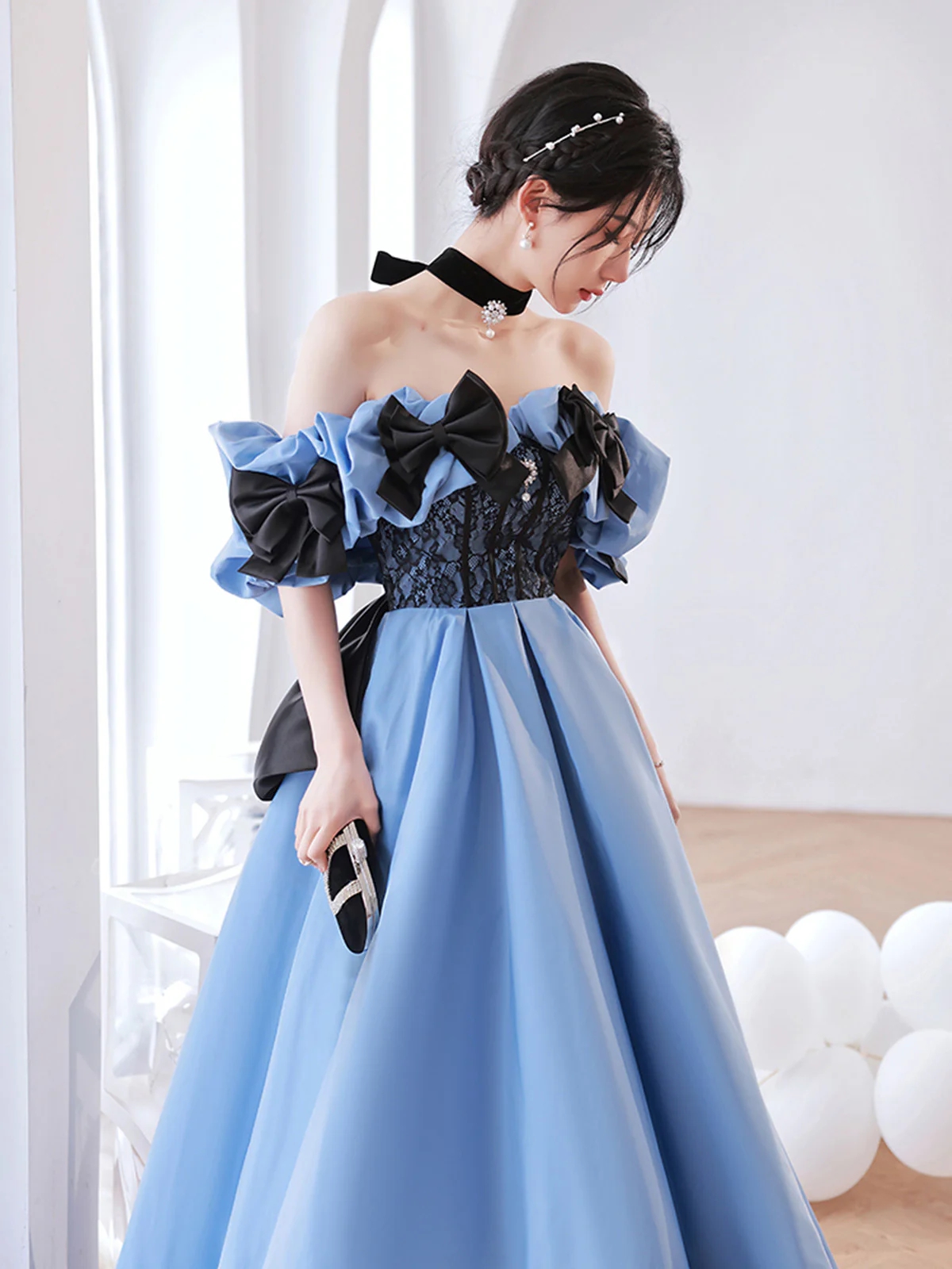 Elegant Blue Sequin Off-Shoulder Sweetheart Evening Gown with Long Ruffles main image 1