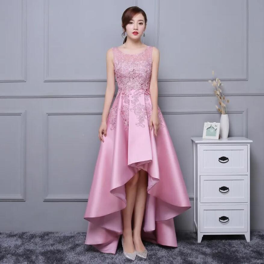 Elegant Satin Lace Appliques How Low Pink Prom Dresses on Luulla