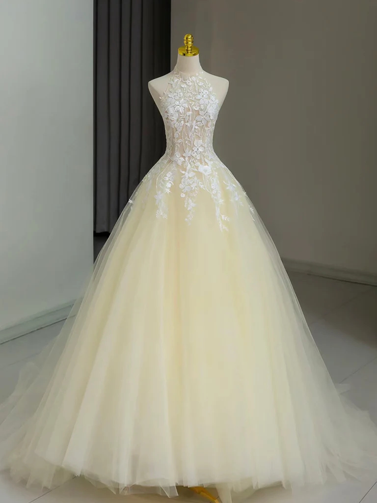 Yellow  Halter  A-Line Off-the-Shoulde prom dresses main image 1