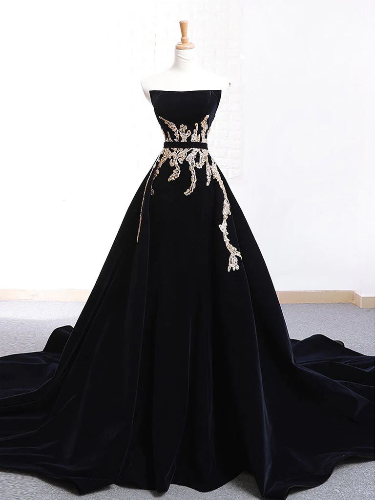 Velvet Strapless Black Prom Gowns with Pleated Tiered Skirt,Prom Dress