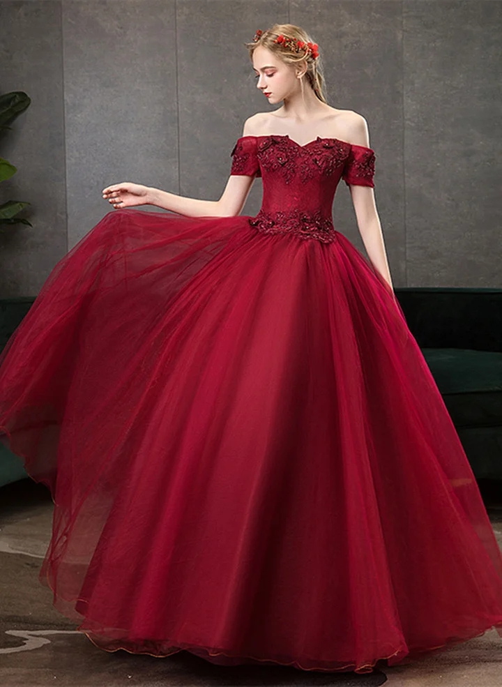 Red Prom Dress Off Shoulder Dark Red Ball Gown Sweetheart Evening