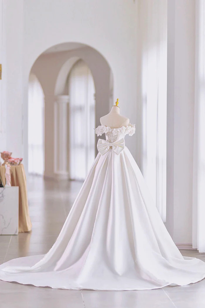 White A-Line Off The Shoulder Embroidered Tulle Long Ball Dress with Sequins
